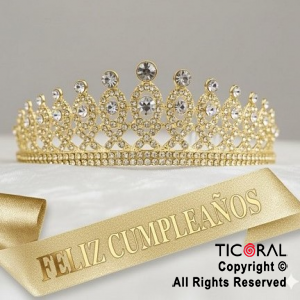 SET VINCHA Y BANDA FELIZ CUMPLEA�OS PIEDRAS Y STRASS ORO (10548D) X 1